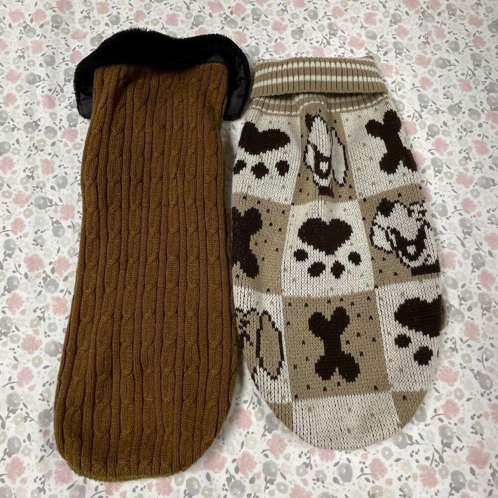 2 Companion Road Dog Sweaters - 1 brown w black fur, 1 tan w patterns - LG
